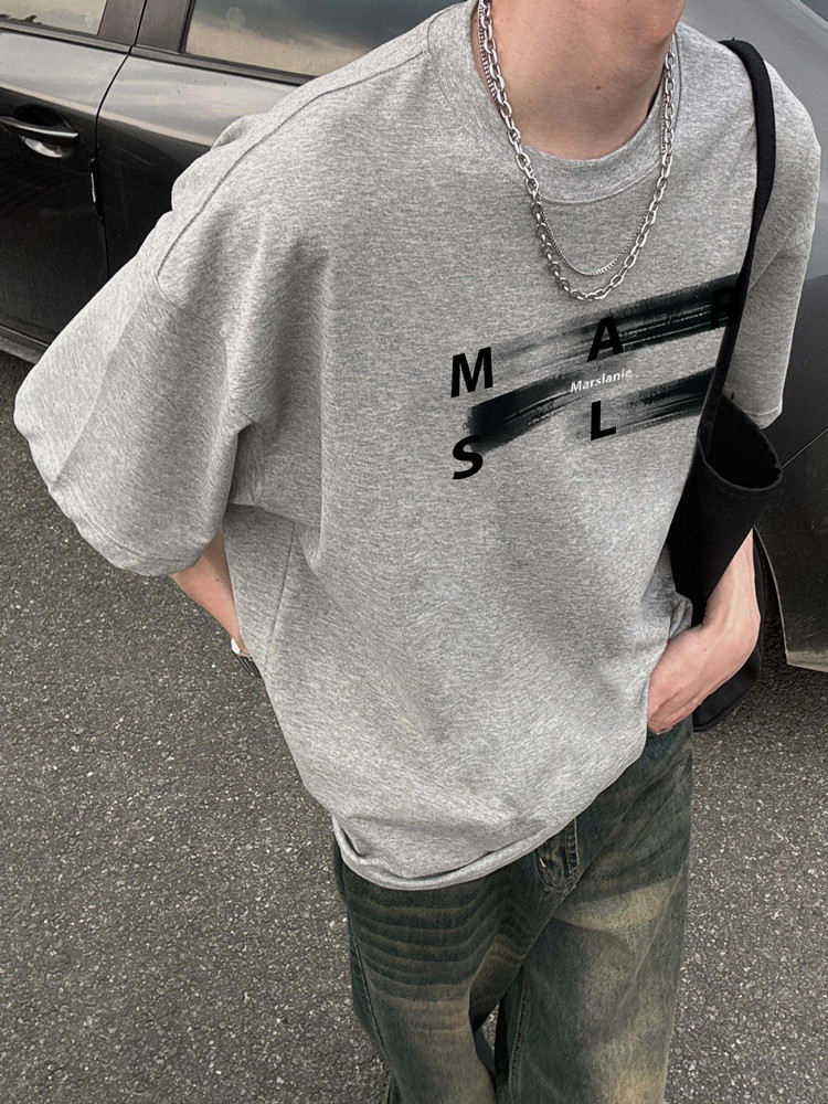 Pure Cotton American-Style Trendy Brand Letter Graffiti Short-Sleeved T-Shirt for Men, Summer Loose Fit, Large Size, 150kg Design-Inspired High Street Top