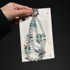 クリスタルストラップベア蝶ストラップダブルチェーンショート手首ストラップ高級感キーチェーン紛失防止