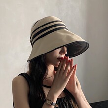 女夏季防晒黑胶条纹空顶帽子防紫外线可折叠太阳帽遮阳帽大帽檐