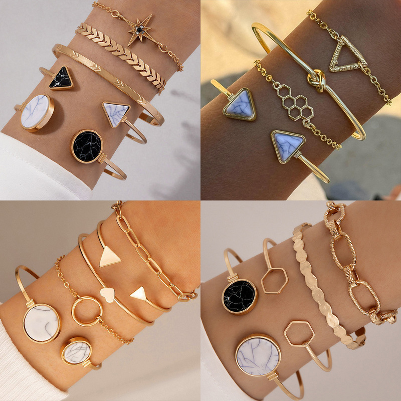 European and American Cross-Border Jewelry Simple Imitation Marble Creative Bracelet Set Geometric Heart Versatile Bracelet Wholesale