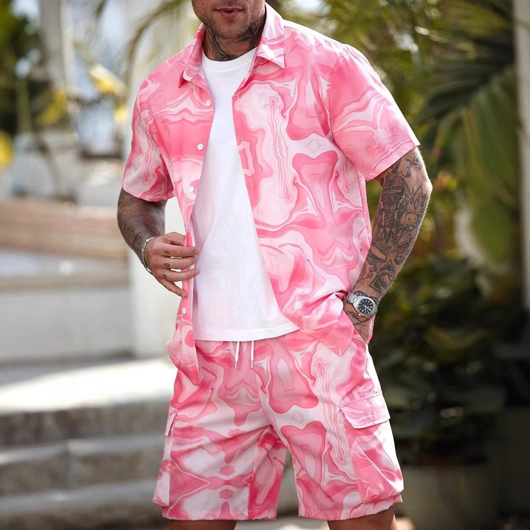 Men's Summer Beach Shorts Set With 3D Digital Print Black White Contrast Vacation Style Casual Short Sleeve_viptrois.com