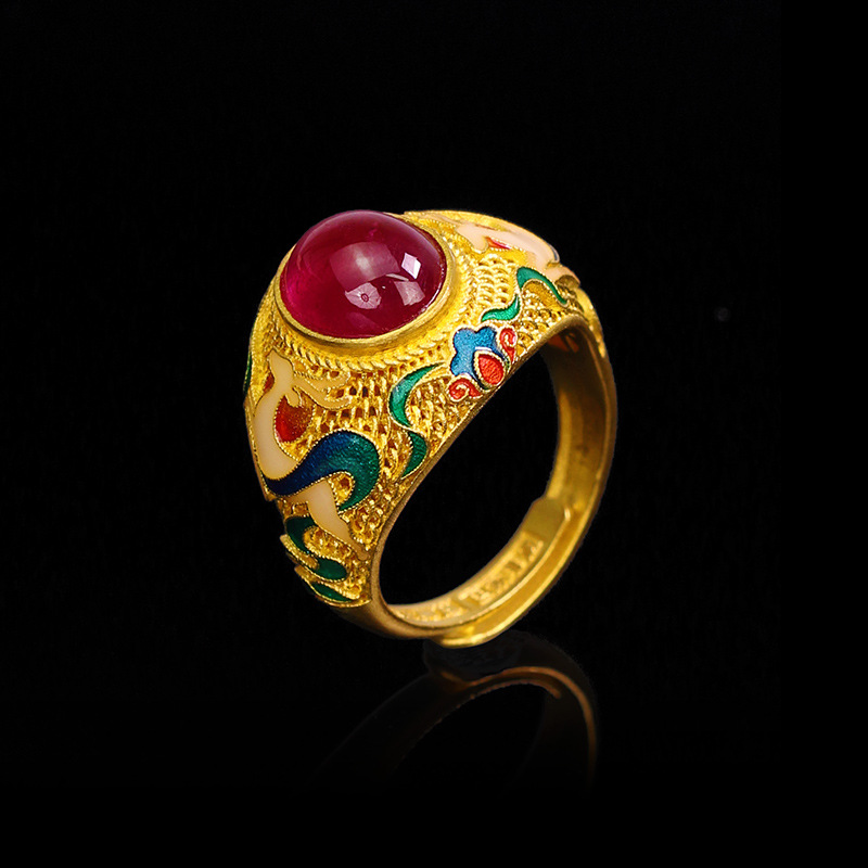 黄铜镀金敦煌九色鹿戒指女古法工艺花丝镶嵌仿红宝石复古古装配饰