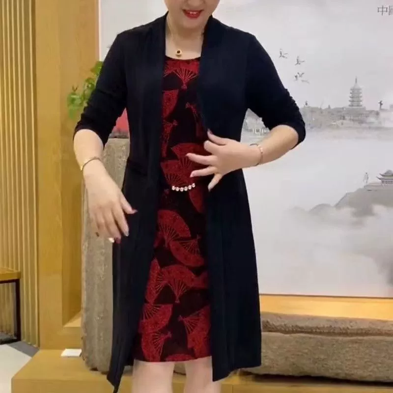 Летний комплект для мамы, универсальный длинный рукав, платье для пожилых, западный стиль, большой размер, для среднего возраста