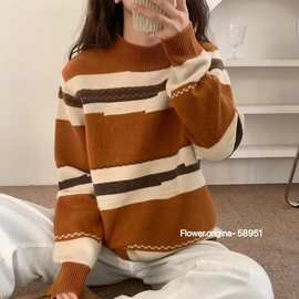 冬季 韩版宽松时尚拼色彩条半高领套头毛衣休闲保暖针织衫女58951