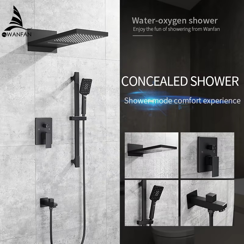 Black Concealed Shower Embedded Shower Set Wall-Mounted Pre-Embedded Hot and Cold Water Mixing Valve Shower Head Black Concealed Shower Embedded Shower Set Wall-Mounted Pre-Embedded Hot and Cold Water Mixing Valve Shower Head