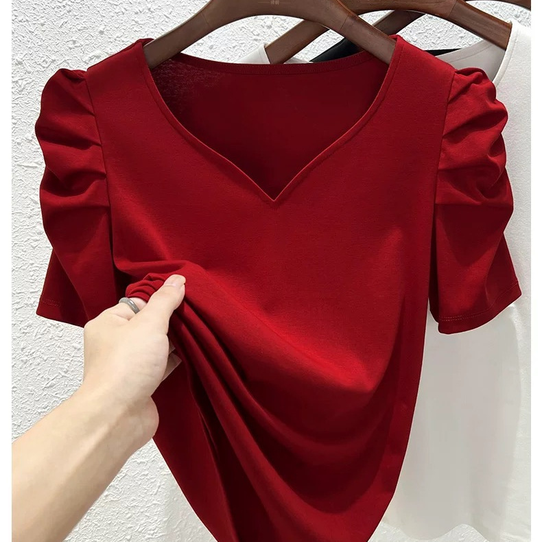 40 Count Threaded Cotton Short-Sleeved T-Shirt for Women Summer French Slim V Neck Puff Sleeve Design Fashionable Top 40 Count Threaded Cotton Short-Sleeved T-Shirt for Women Summer French Slim V Neck Puff Sleeve Design Fashionable Top