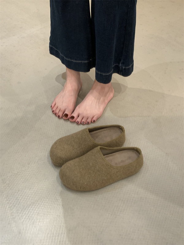 厚底呢子面勃肯鞋一脚蹬半托单鞋女鞋子2025秋冬包头半拖鞋博肯鞋|undefined
