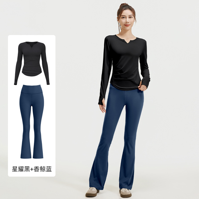 Juyitang otoño traje de yoga con cuello en v pliegues nude delgado delgado delgado traje de fitness largo mujeres
