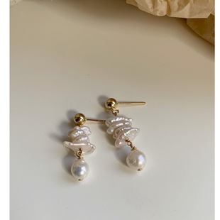 Seiko Design Handmade Ba Natural Rock Ruffled Leather Pearl Earrings Elegant Fairy Style Simple Vintage Drop Earrings