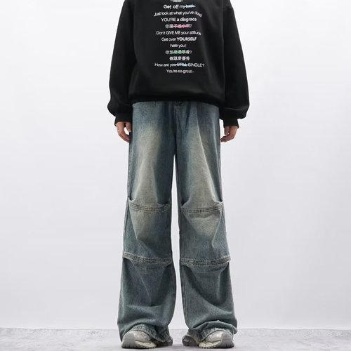 American Wide Leg Denim Men's High Street Design Hip-Hop Retro Washed Straight Leg Pants