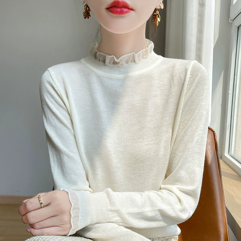 24 осенний новый женский шерстяной трикотаж тонкий органин с кружевным воротником с длинными рукавами