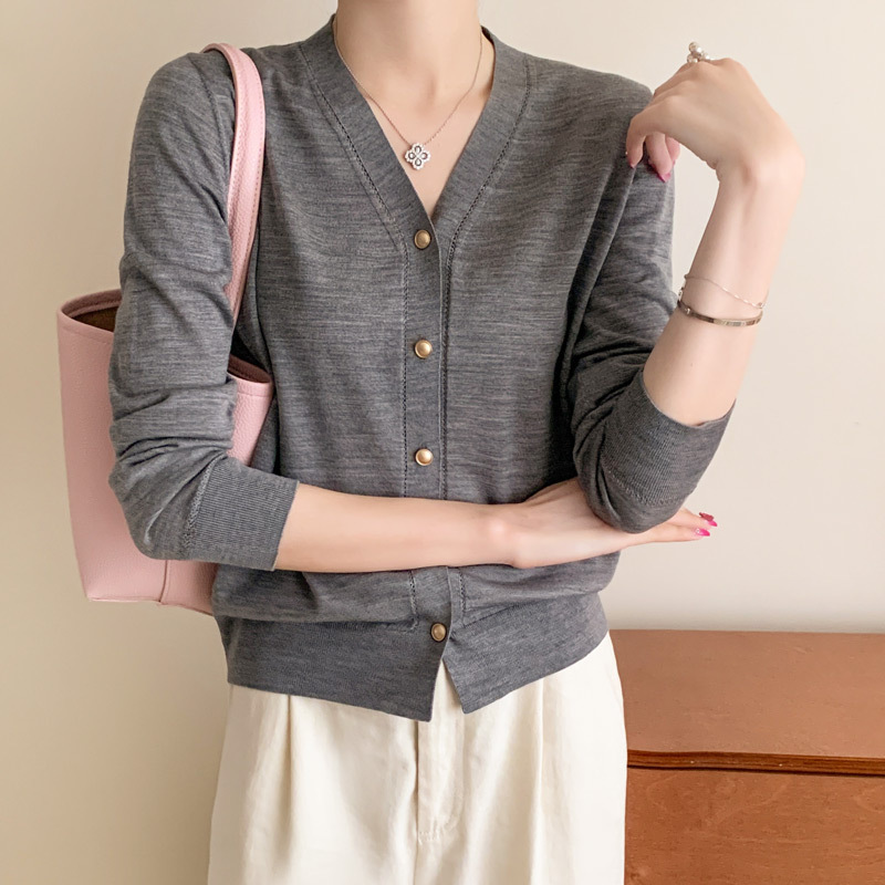 Worsted Machine Washable Pure Wool Long-Sleeved Cardigan Women's Thin 25-Year-Old New V Neck Loose Versatile Knitted Bottoming Shirt