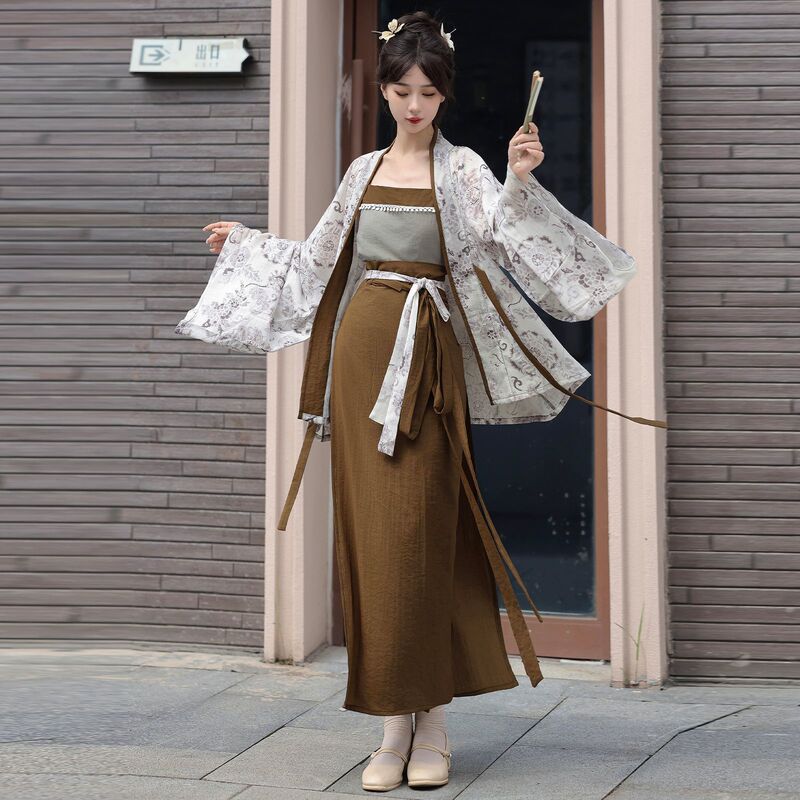 Original Adult Hanfu for Women, Song Dynasty Style, Double-Breasted, Airplane Sleeves, Elastic Pockets, Long Pants, Skirt, Swirl Skirt, Summer and Autumn Daily Hanfu