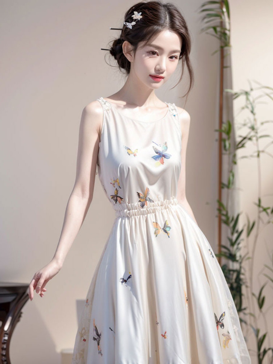 Váy liền hoa nhỏ họa tiết bướm trắng thịnh hành FL240625 – váy hai dây phong cách dân tộc, chít eo tôn dáng mùa hè — váy trắng chi tiết 5