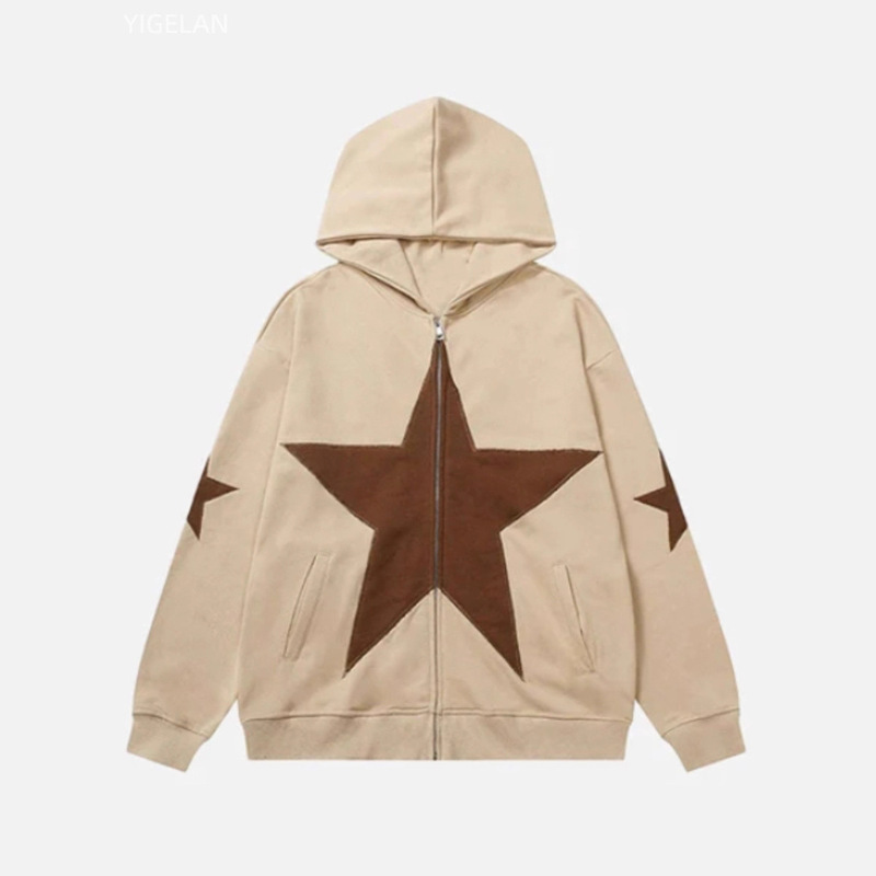 Street Plus Size Loose Women's Clothing Five-Pointed Star Patch 3D Printed Hoodie Personalized Zipper Sweatshirt Men's Jacket