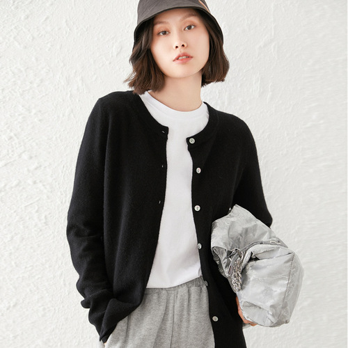 Spring New Women's Knitted Cardigan Women's Button Design Solid Color Round Neck Cardigan Solid Color Sweater Women