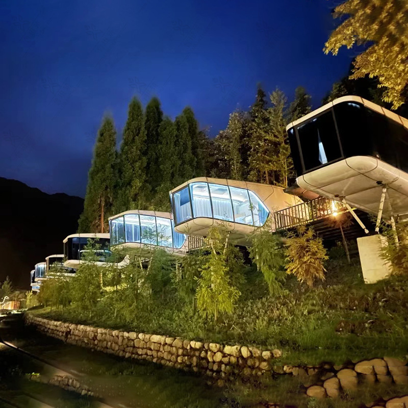 Casa de camping de campo de la cápsula del futuro estructura de acero de aleación de aluminio concha de gran cuadrado móvil alojamiento de la cápsula espacial fabricante
