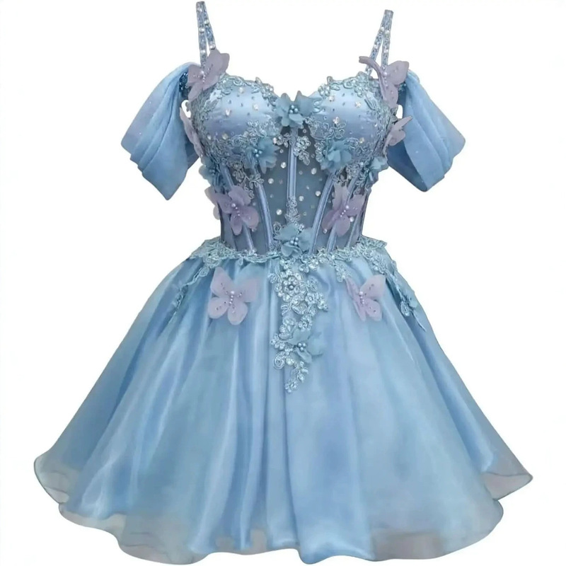 Aliexpress Amazon Source Butterfly Embroidery Fishbone Short Dress with Straps and Tulle Puffy Skirt for Birthday Party