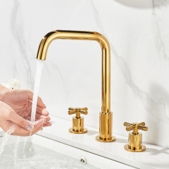 Gold-colored three-hole face basin cold and hot water separate body full copper European-style three-hole countertop basin faucet face basin double handle