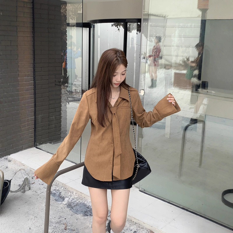 高级设计感领带款长袖衬衫女秋季大码学院风显瘦遮肚子正肩上衣|undefined