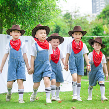 迪克牛仔背带裤短裤夏季棉T儿童毕业汇演舞蹈服牛仔很忙演出服装