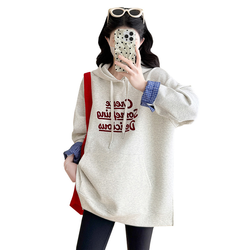 实拍现货 秋冬复古印花连帽卫衣女秋季休闲宽松落肩孕妇上衣|undefined