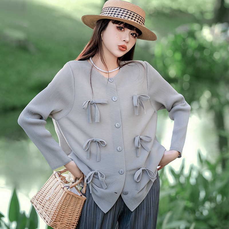 1688春夏高级感上衣长袖开衫中老年妈妈装蝴蝶结短外套女秋款外穿