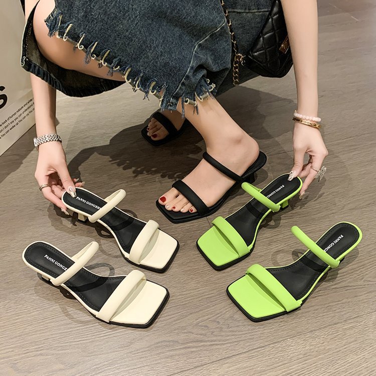 2023夏季新款韩版细跟拖鞋外穿方头露趾一字拖时尚低跟女鞋