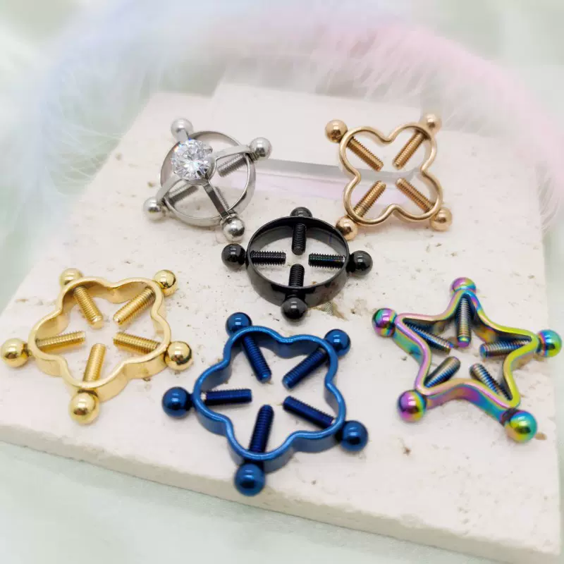 批发不锈钢圆形五角星 梅花 4螺丝无穿孔乳饰 性感铃铛锆石乳环