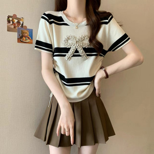 Real Shot~Plus Size Stereo Handmade Bow Right Shoulder T-Shirt Summer Heavy Work Shirt Asymmetrical Drawstring Top