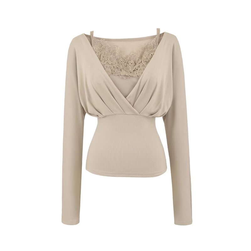 Pure Lust Style Gentle Elegant Suit Autum V Neck Long-Sleeved Slim Top Lace Suspender Inner Two-Piece Set