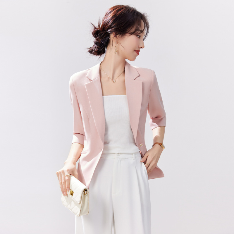 Pink Three-Quarter Sleeve Blazer for Women, Spring and Summer Workwear, Slim Fit, Thin Style, Korean Version, High-End Feel, Suit Jacket