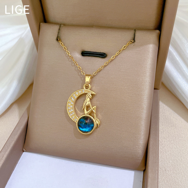 Gorgeous Star And Moon Zircon Necklace, Elegant Titanium Chain_voghion.com