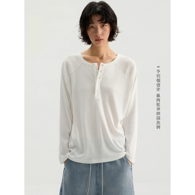 sameuoo free-range culture "Fishy" white henley collar long-sleeve T-shirt unisex commuter top # 4627J sameuoo free-range culture "Fishy" white henley collar long-sleeve T-shirt unisex commuter top # 4627J