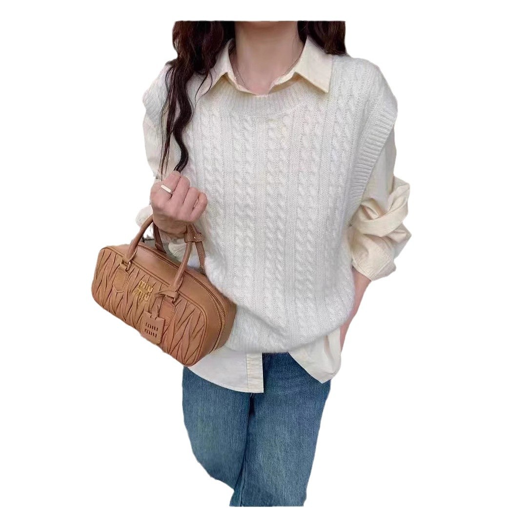 100 양모 니트 트위스트 조끼 여성의 가을 및 겨울 스택 셔츠 외부 왁스 코트 슬리밍 솔리드 컬러 울 조끼 트렌디