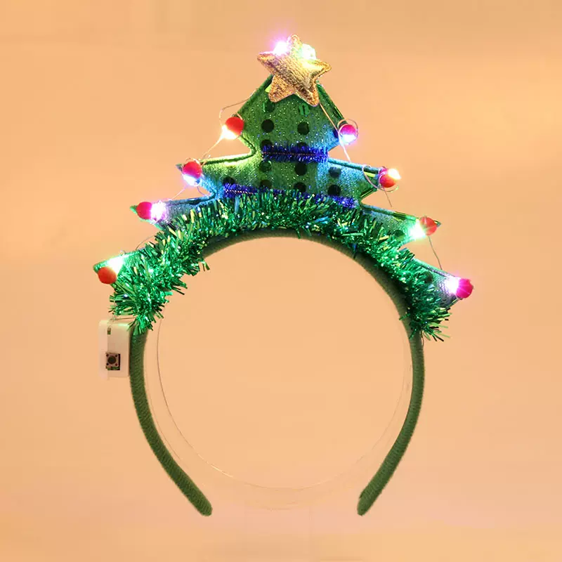 跨境圣诞头饰发光圣诞树头箍带灯雨丝五角星闪光发箍派对装饰演出