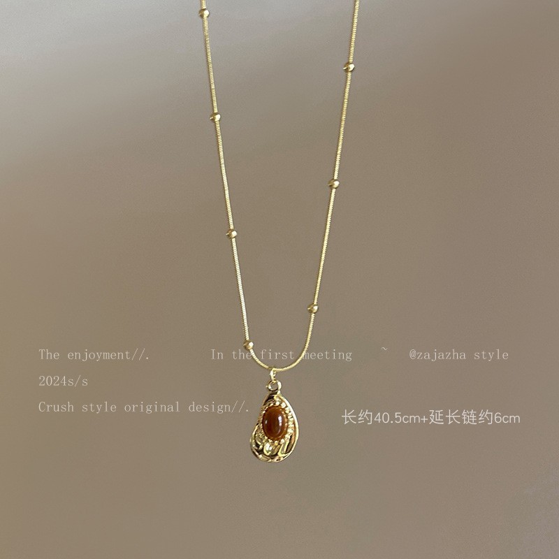 新款复古美拉德双层咖色串珠吊坠项链轻奢高级感毛衣链气质项饰品|undefined