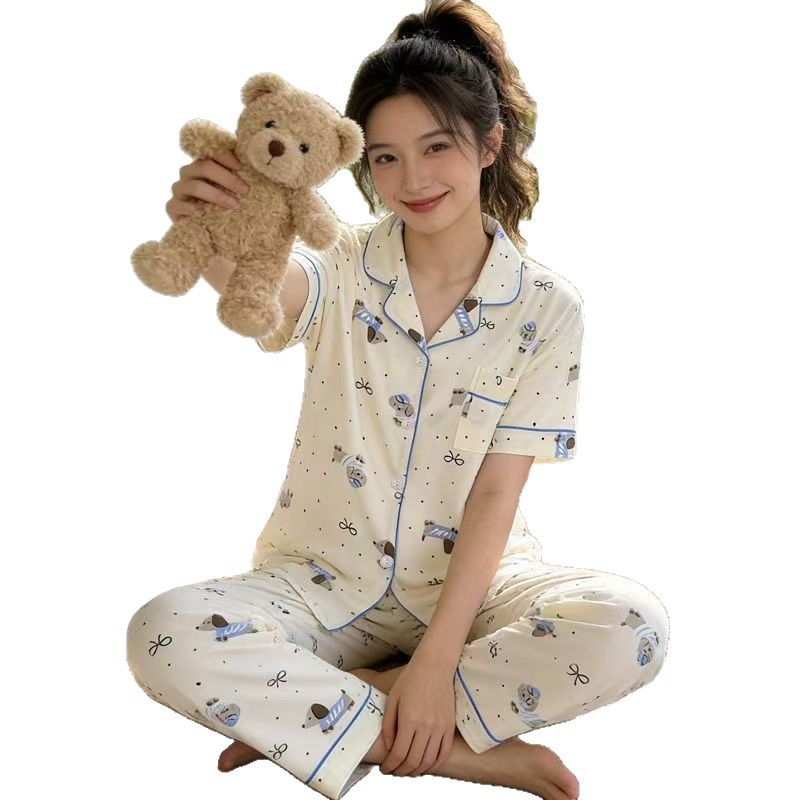 Nube de algodón pijama de mujer impresión suelta delgada pantalones de manga corta de dos piezas pareja se puede usar ropa de hogar grande