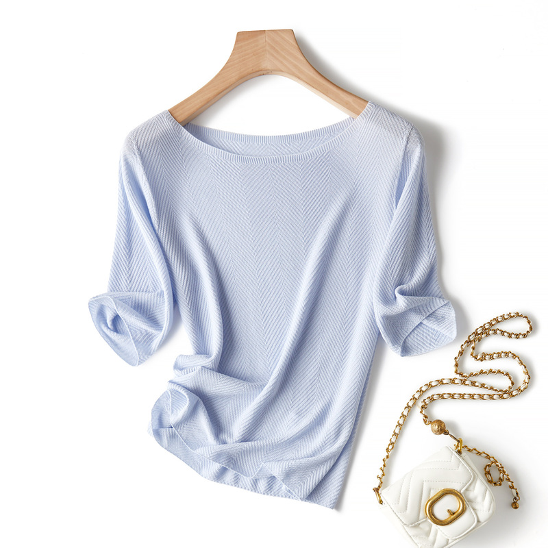 Seamless One-piece Comfortable Lyocell Silk Fishbone Pattern Slim-fit Slimming Half-sleeve Knit Pullover Top