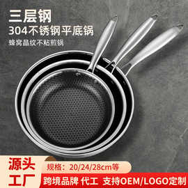 跨境煎鸡蛋牛排不沾蜂窝加厚三层钢平底锅304不锈钢锅煎锅不粘锅