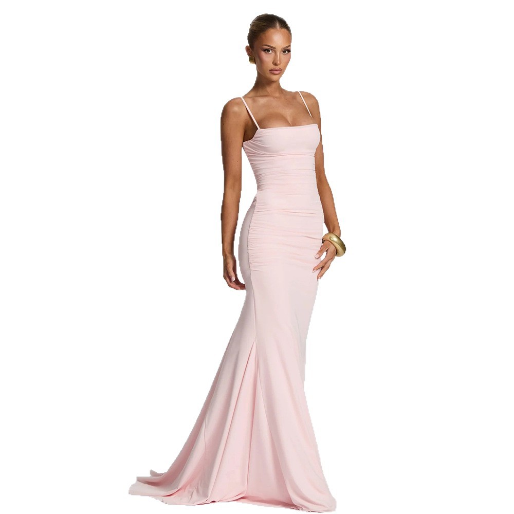 Amazon 2026 verano nuevo temperamento elegante color sólido sin mangas vestido de pecho largo correa delgado vestido de espalda abierta