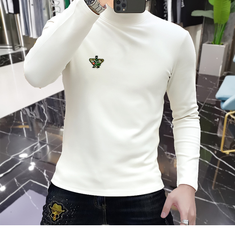 Und Winter Halb Hohe Kragen Langarm T-shirt mit Samt Unten 2023 Neue Europäische Mode T Herren Mid Neck Herbst_voghion.com