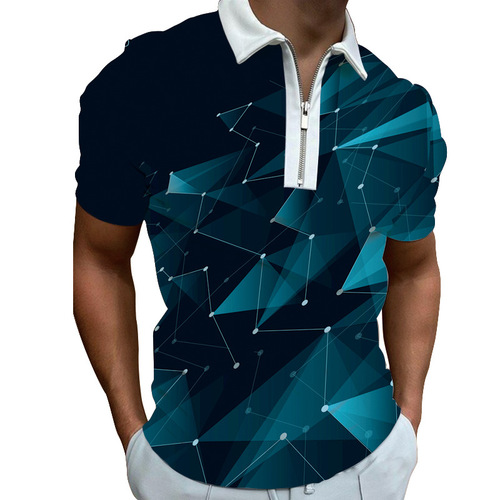 2025 Spring Men's Fashion Casual Trend Printed Polyester Short-Sleeve T-Shirt with Zipper Polo Shirt for Men