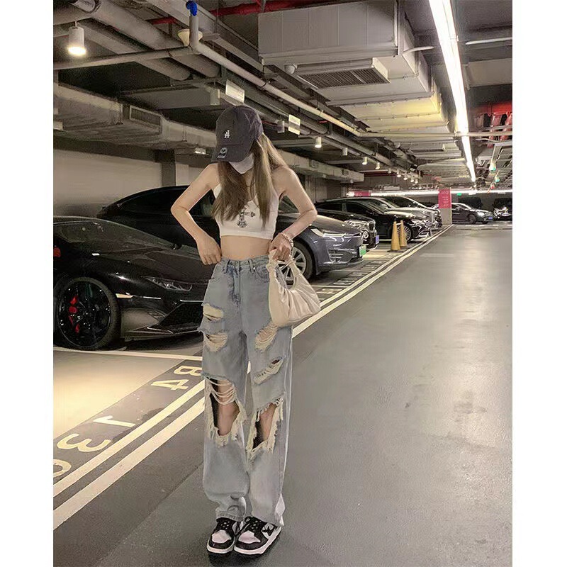 Fashion Big Ripped Straight Jeans Women's Summer New Slim High Waist Knee-Exposed Street Beggar Wide Leg Pants