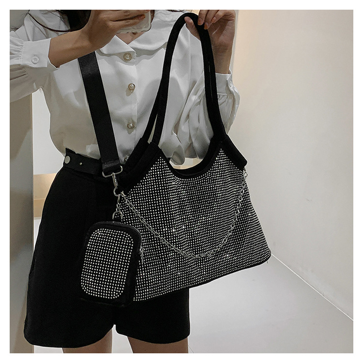 Semicircle Shape Medium Size Vintage Style Solid Color Rhinestone Semicircle Zipper Shoulder Bag Tote Bag