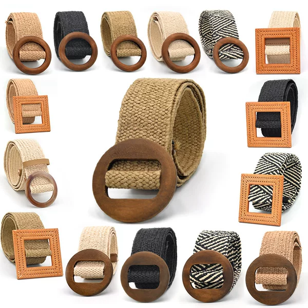 Factory Direct Sales 5cm Wide Wooden Buckle Girdle Versatile Summer Bohemian Vacation Linen Woven Belt for Women
