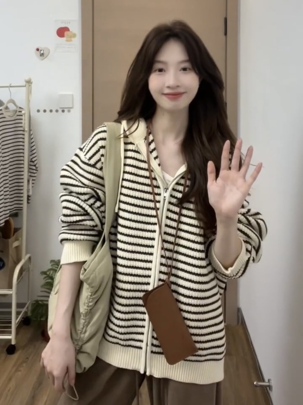 韩系软糯慵懒风条纹毛衣外套女秋季松弛感百搭小个子针织开衫上衣|undefined