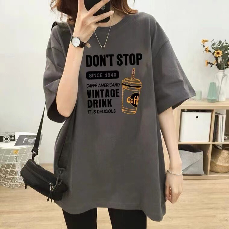 [Coffee Letters] Summer Printed T-Shirt for Women, Korean Style Off-Shoulder Loose Round Neck Design Niche T-Shirt