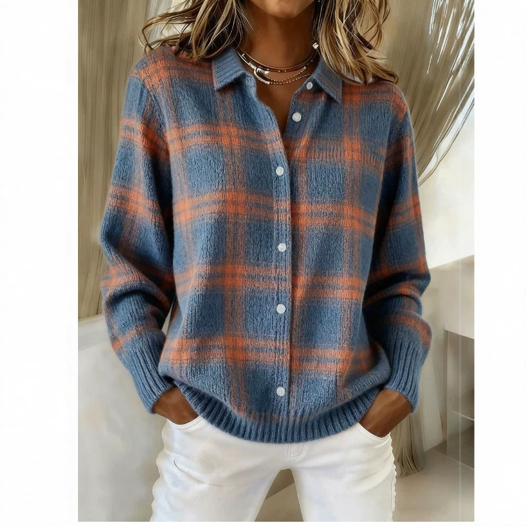 In-stock cross-border new Amazon European and American women's knit sweater top with turn-down collar and plaid pattern In-stock cross-border new Amazon European and American women's knit sweater top with turn-down collar and plaid pattern