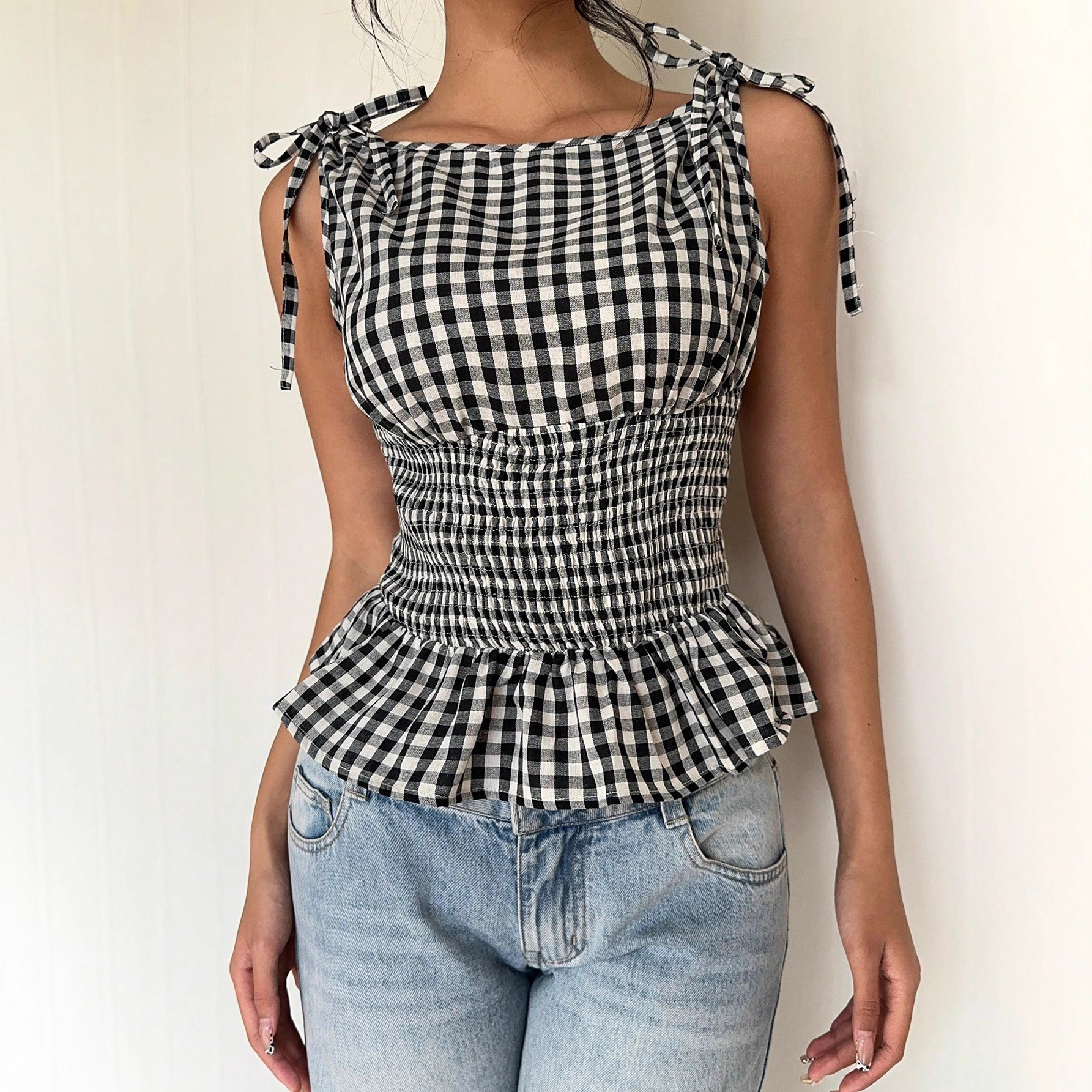 Women's Plaid Retro Romantic Date Afternoon Tea Bow Collar Slimming Ruffled Vest, Y2K Style,